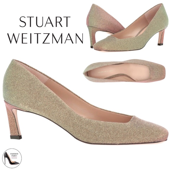 Stuart Weitzman Chelsea Gold Heel Pump Square Toe Dress Evening Fashion Shoe 9.5 - Picture 1 of 14